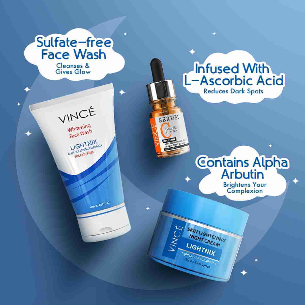 VINCE Night Bundle – Face Wash + Vitamin C Serum + Night Cream